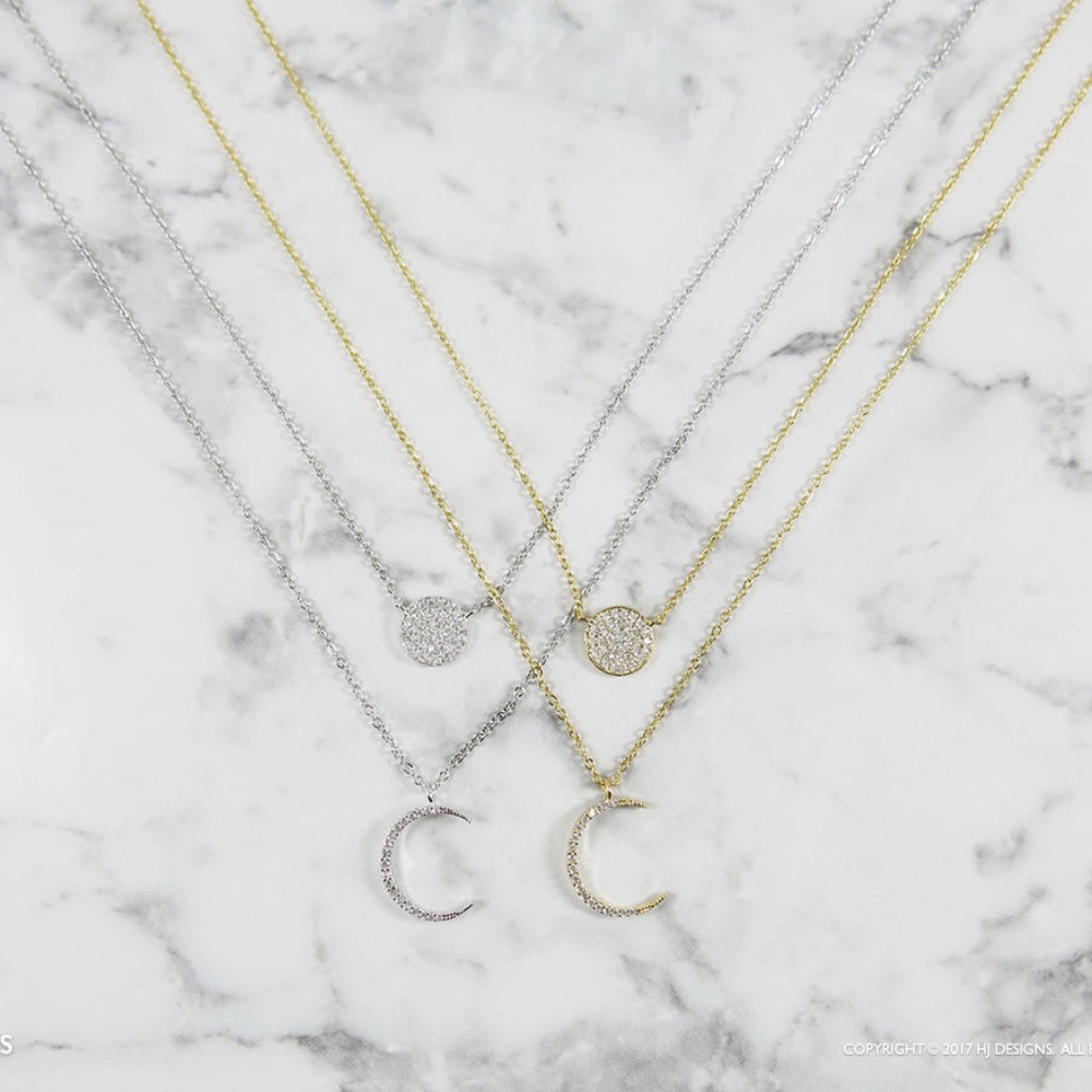 Silver OR Gold Moon & Circle Layered Necklace Set